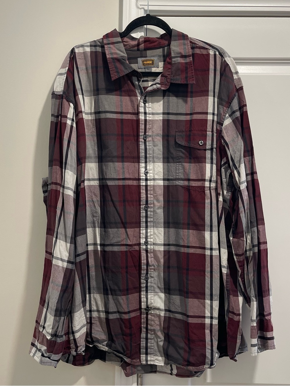 Foundry Supply Co Mens Shirt 4XLT Long Sleeve Button Down Plaid Red Gray Maroon